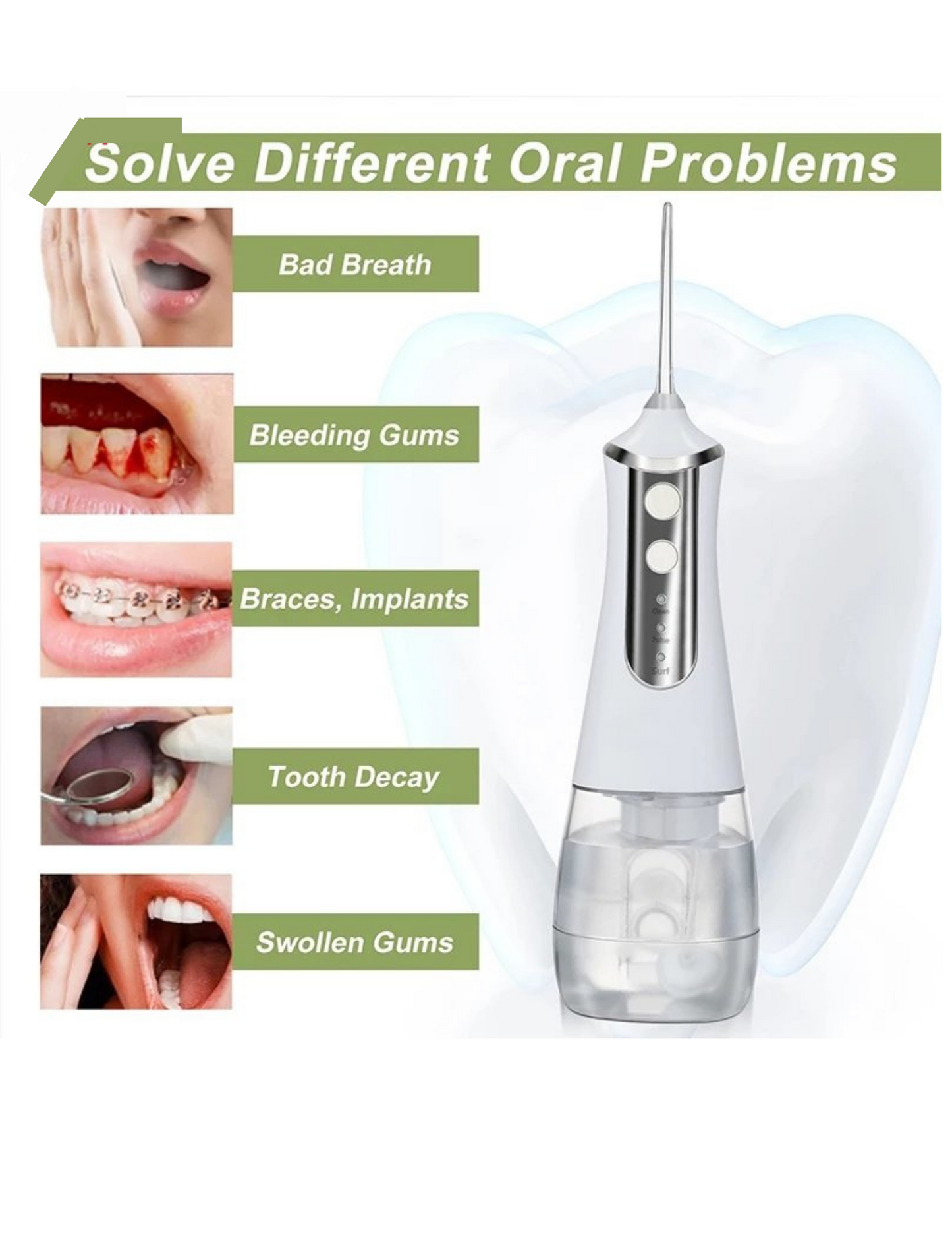 HYDRO JET Portable Oral Irrigator Water Flosser, Tools Pick Cleaning Teeth, 350ML 5 Nozzles Mouth Washing Machine