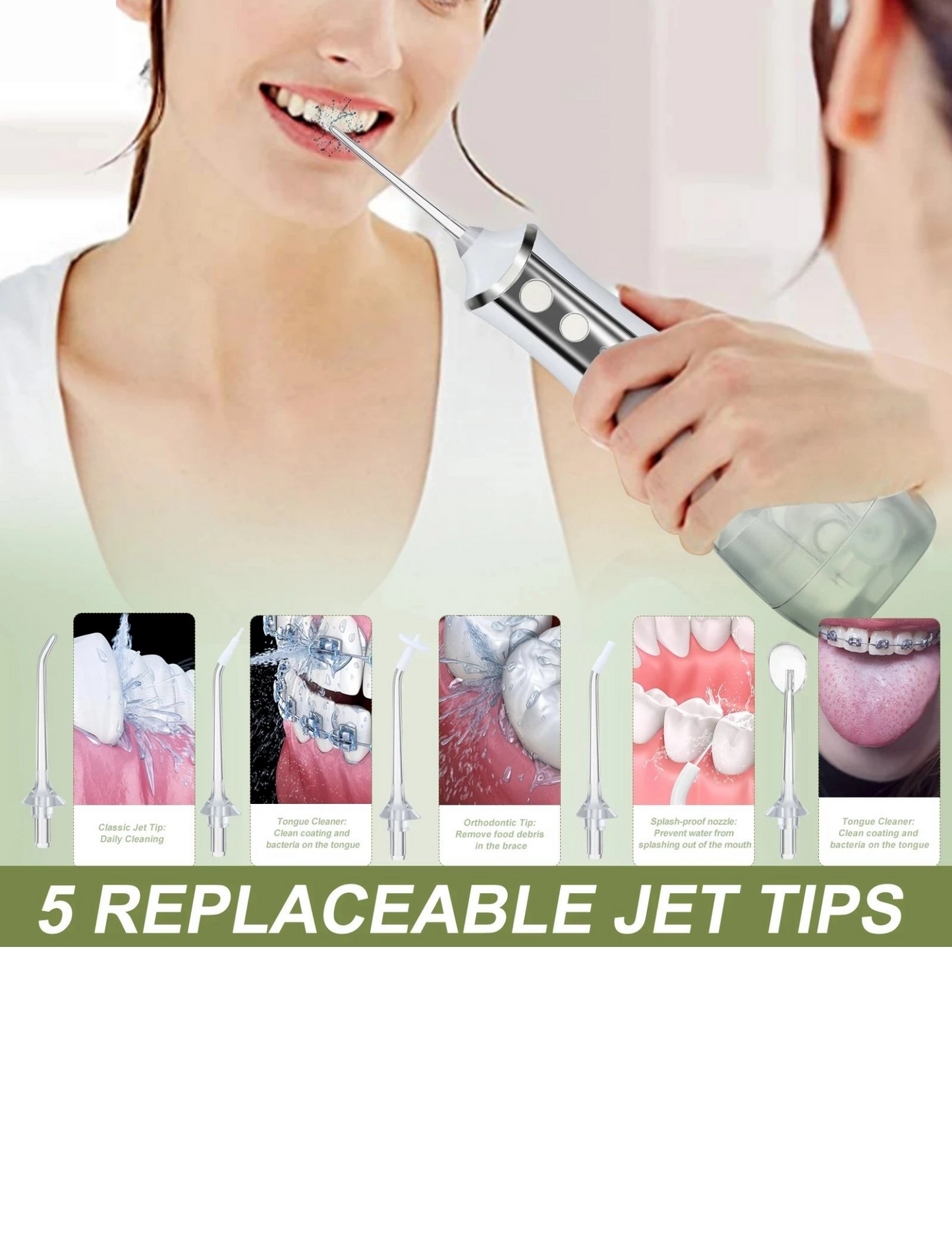 HYDRO JET Portable Oral Irrigator Water Flosser, Tools Pick Cleaning Teeth, 350ML 5 Nozzles Mouth Washing Machine